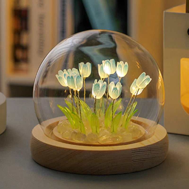 (Sixteen Blue Tulips) Glowing Tulip Dome Lamp - Wooden Base