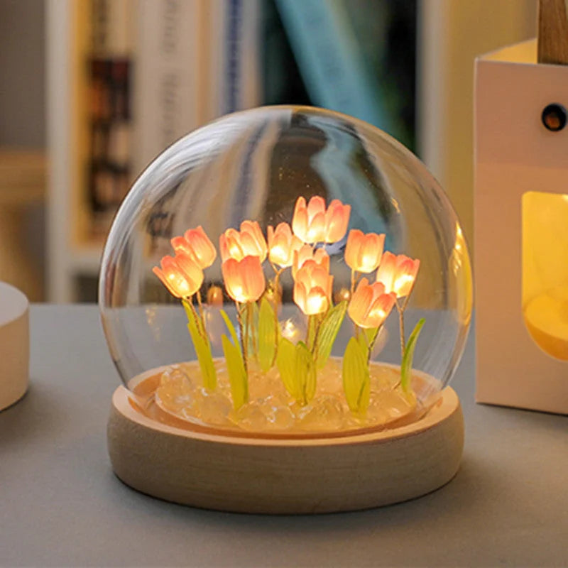 (Sixteen Pink Tulips) Glowing Tulip Dome Lamp - Wooden Base