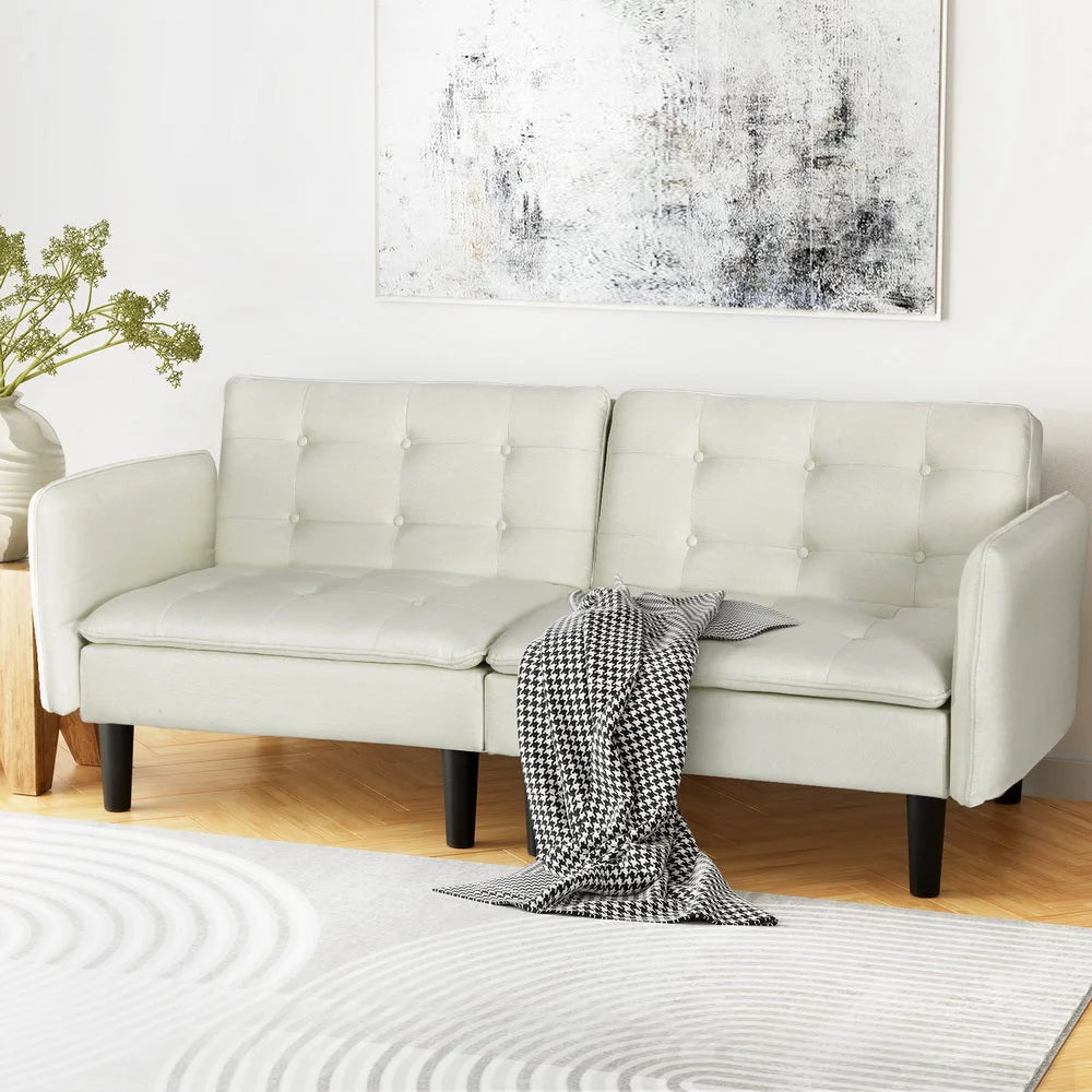Sofa Bed 3-Seater Tufted Faux - Beige - Furniture