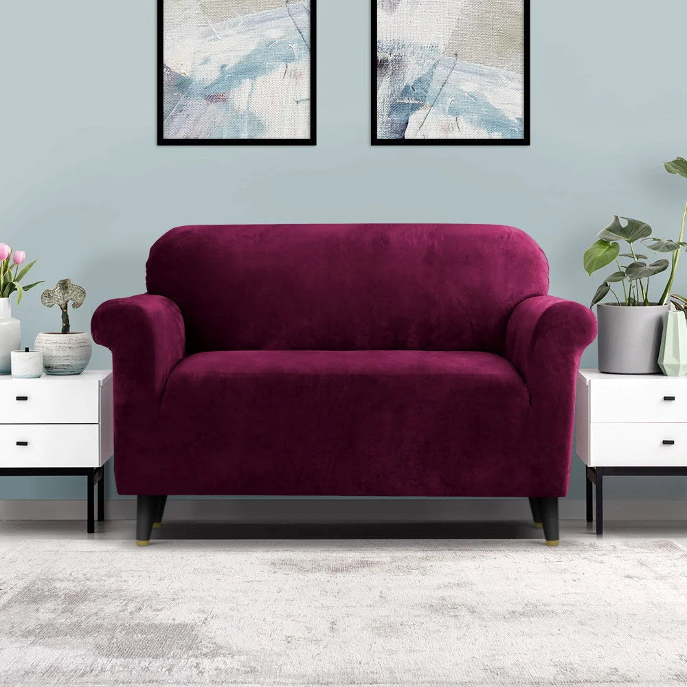 Sofa Cover Couch Covers 2 Seater Velvet - Ruby Red