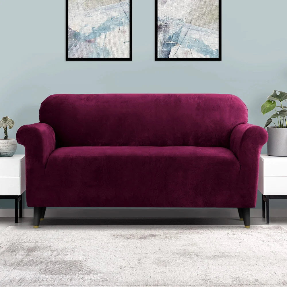 Sofa Cover Couch Covers 3 Seater Velvet - Ruby Red