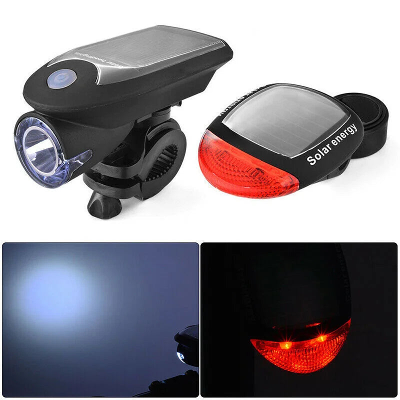 Solar Powered Bicycle Cycling LED Headlight & Rear Tail