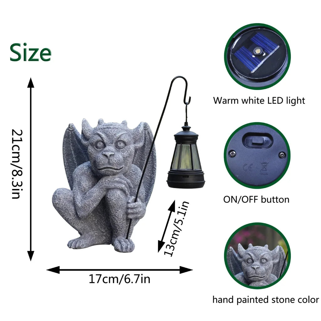 Solar-Powered Gargoyle Statue with LED Lantern – Gothic