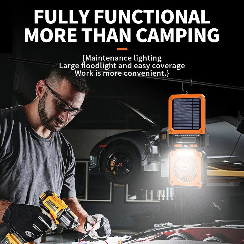 Solar & USB Rechargeable Camping Fan with LED Light