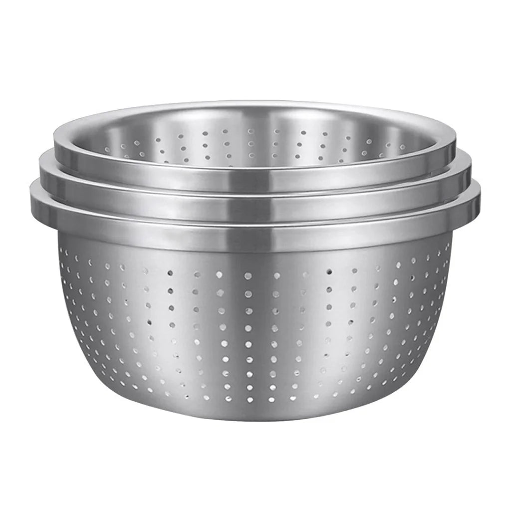 Stainless Steel Nesting Basin Colander Set of 3 Perforated Kitchen Sink Washing Bowl Metal Basket Strainer
