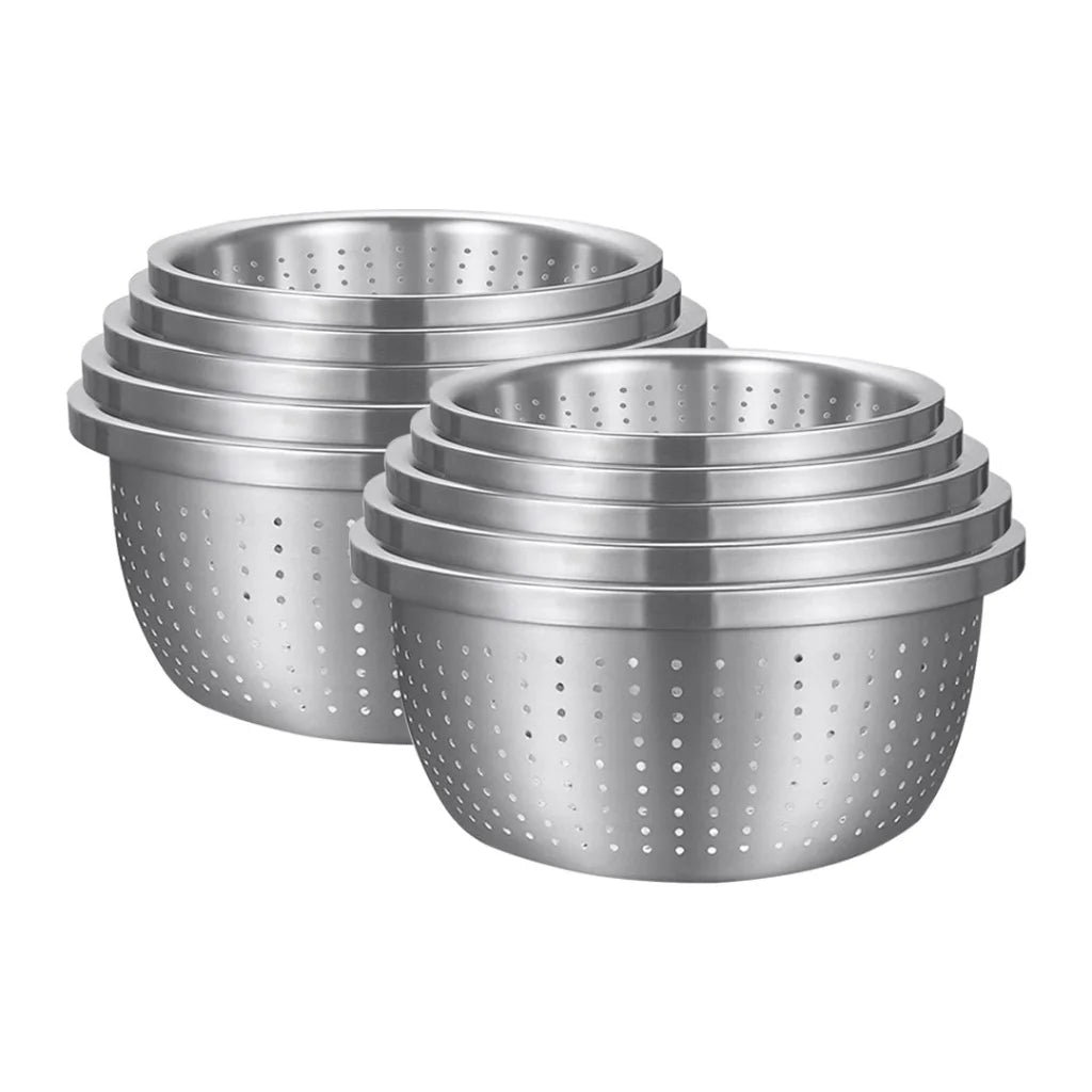 Stainless Steel Nesting Basin Colander Set of 5 Perforated Kitchen Sink Washing Bowl Metal Basket Strainer - 2X