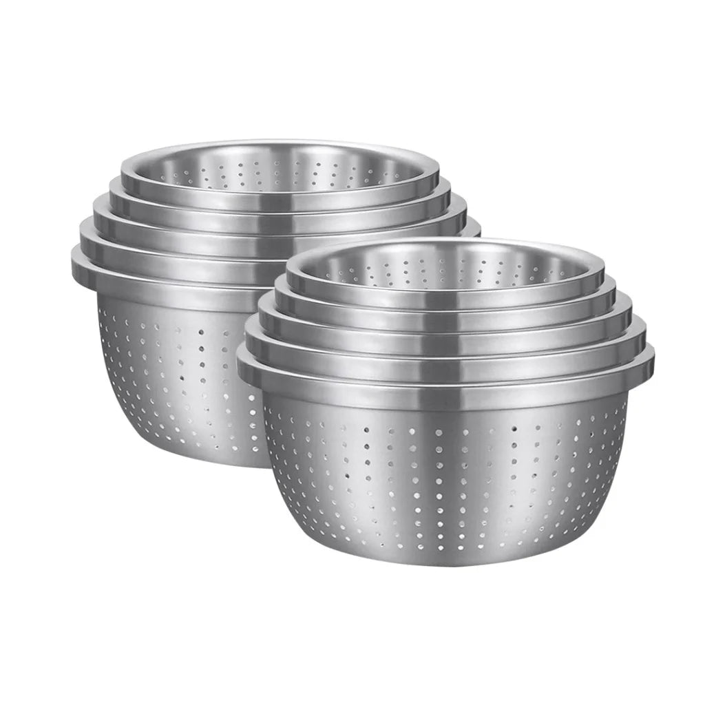 Stainless Steel Nesting Basin Colander Set of 5 Perforated Kitchen Sink Washing Bowl Metal Basket Strainer - 2X
