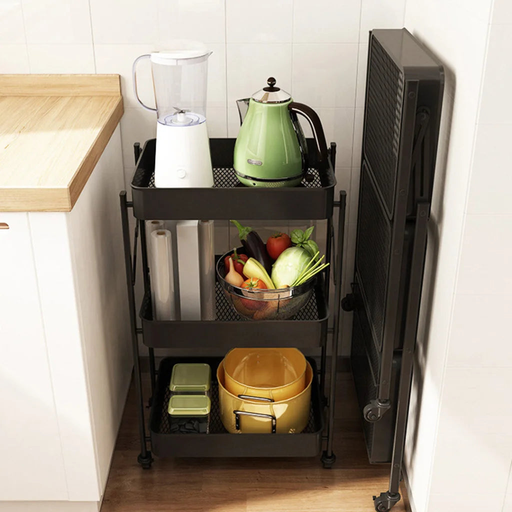 Steel Black Foldable Kitchen Cart 3 Tier Multi-Functional Shelves Portable Storage Organizer with Wheels