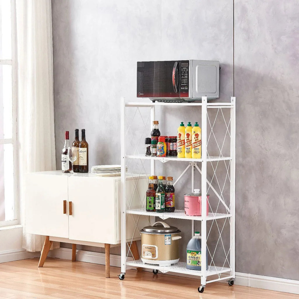 Steel White Foldable Kitchen Cart 4 Tier Multi-Functional Shelves Portable Storage Organizer with Wheels