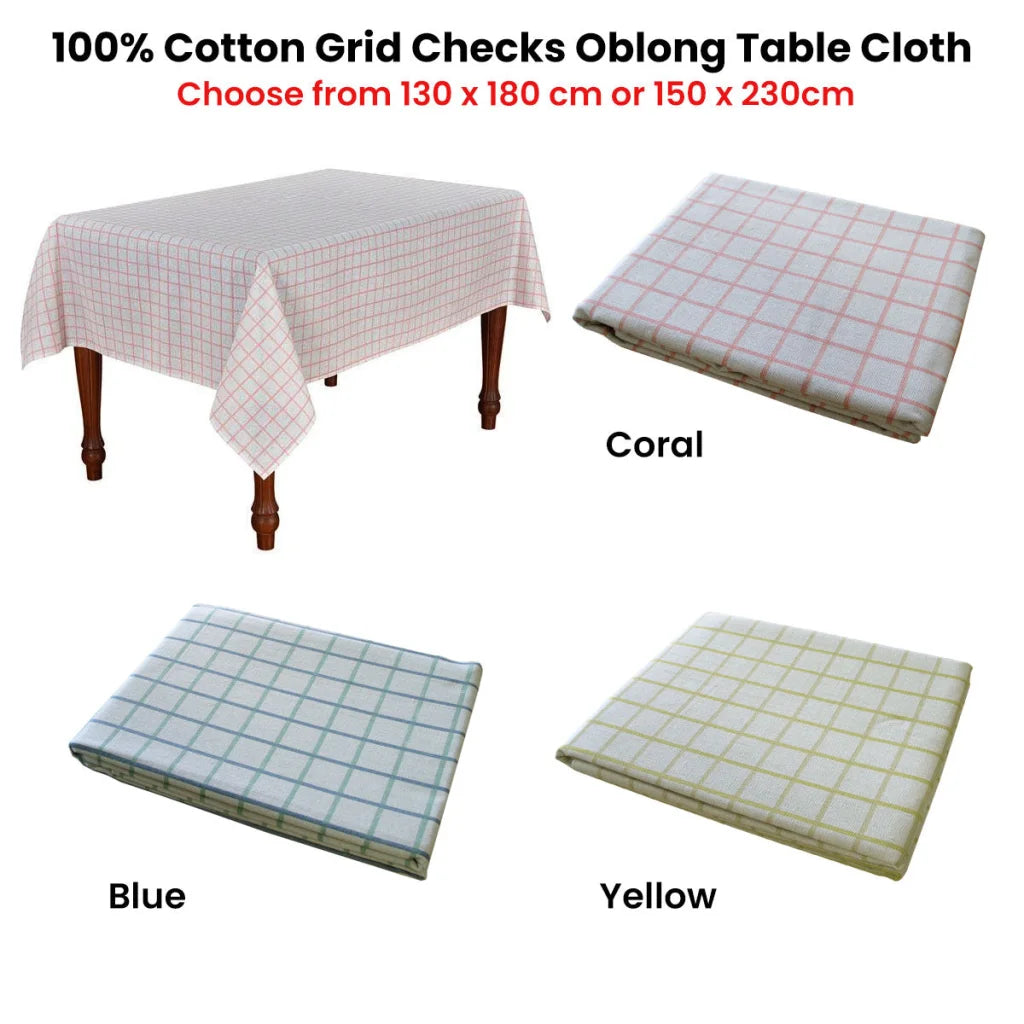 Table Cloth Cotton Grid Checks Oblong 130 x 180cm - Coral
