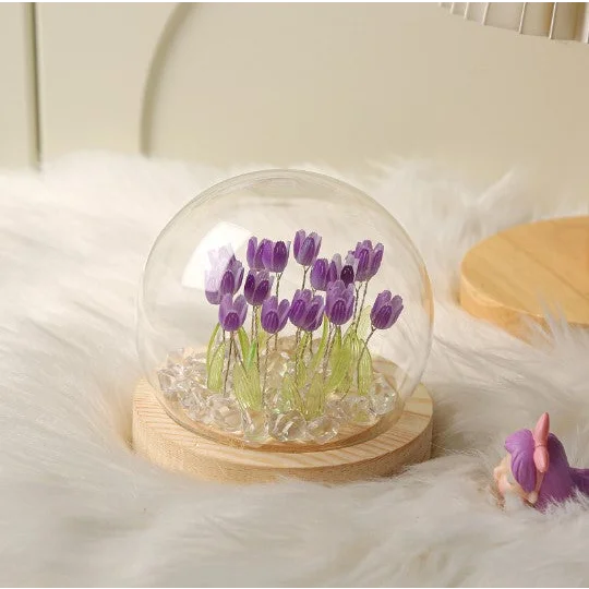 (Ten Purple Tulips) Glowing Tulip Dome Lamp - Wooden Base