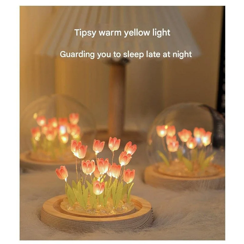 (Thirteen Pink Tulips) Glowing Tulip Dome Lamp - Wooden