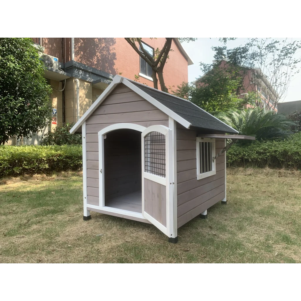 Grey timber dog kennel with wooden dog house and front doorway