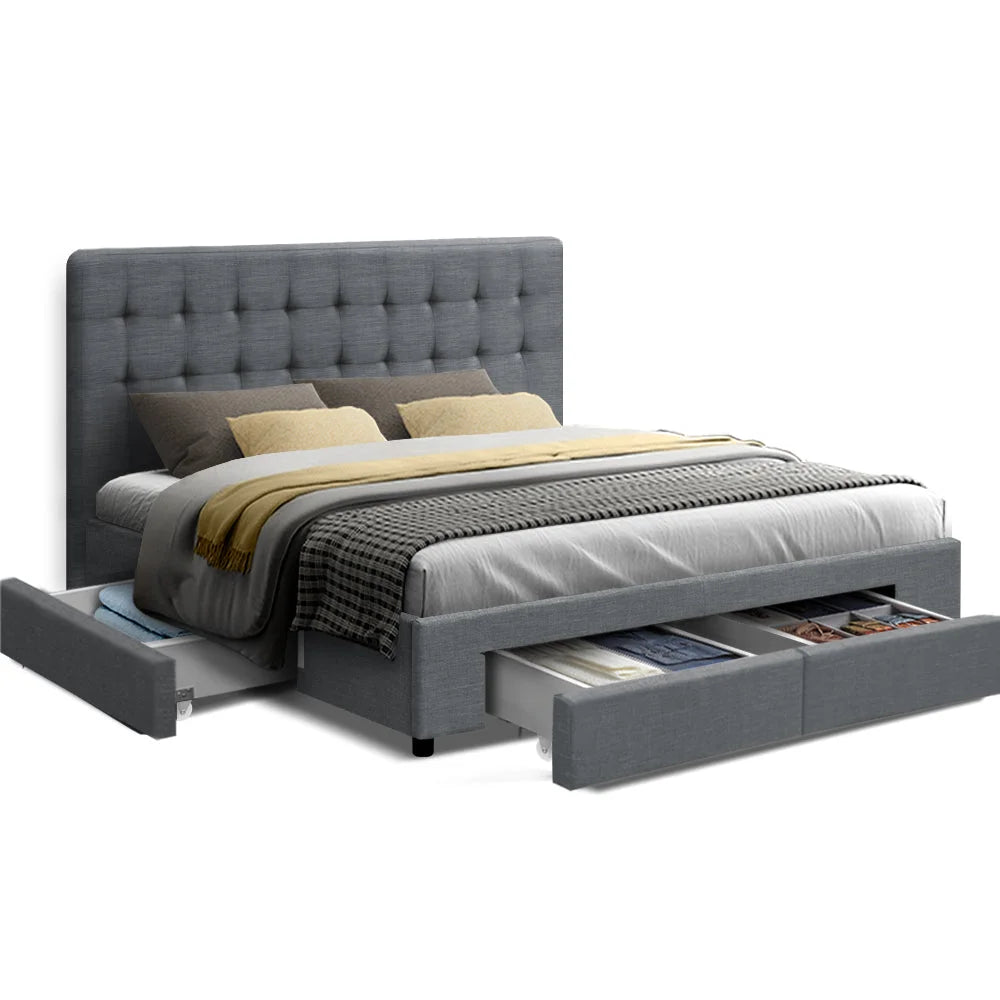 Tiyo Bed Frame Fabric Storage Drawers Grey Queen - Bedroom