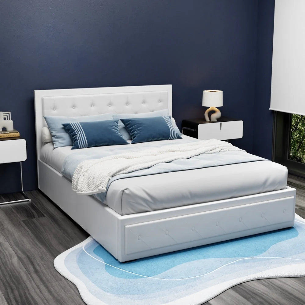 Tiyo Bed Frame PU Leather Gas Lift Storage - White Queen