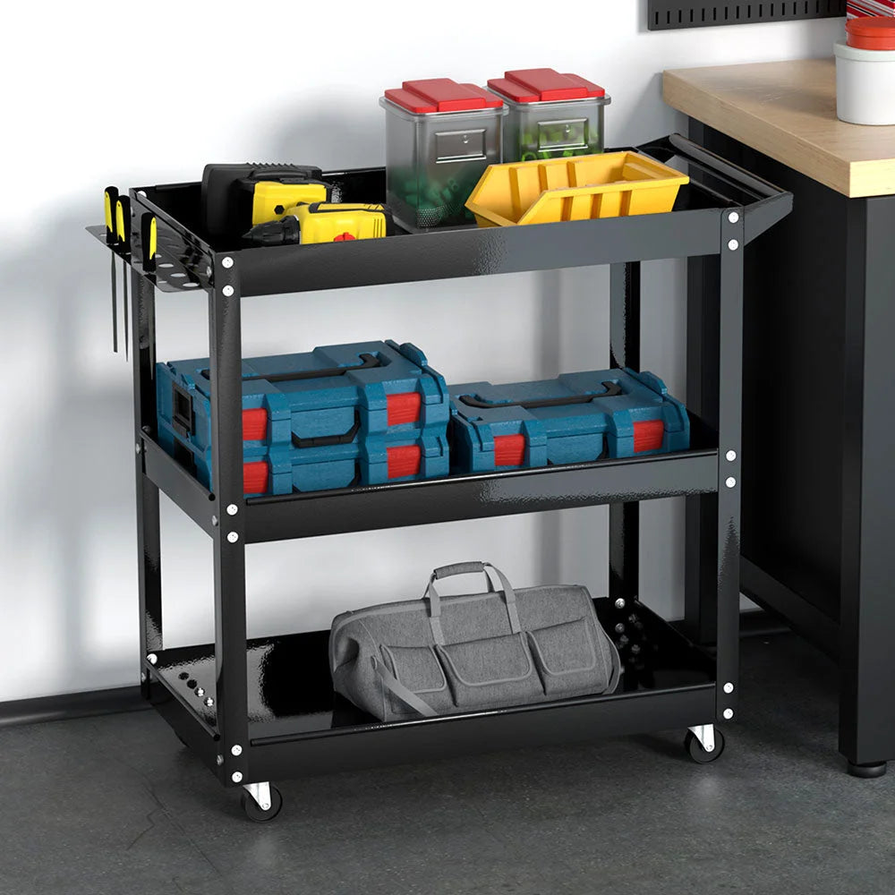 Tool Cart 3‑Tier Steel Trolley Mechanic Organizer Black