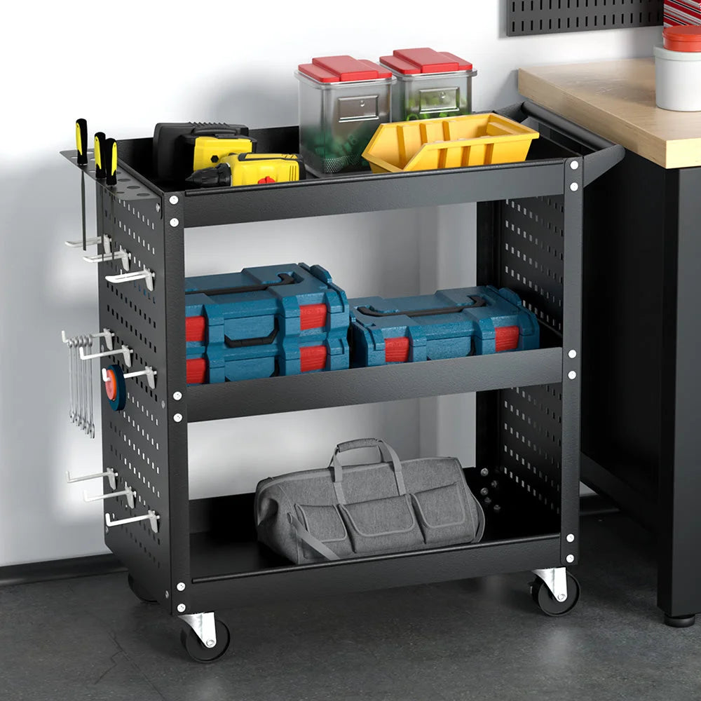 Tool Cart 3-Tier Storage Trolley with Pegboard Hooks - Black
