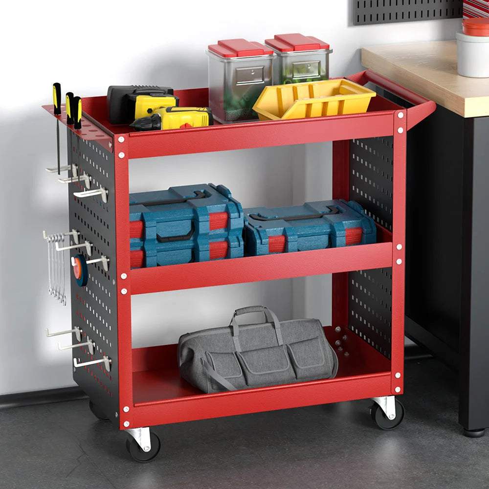 Tool Cart 3-Tier Storage Trolley with Pegboard Hooks - Red