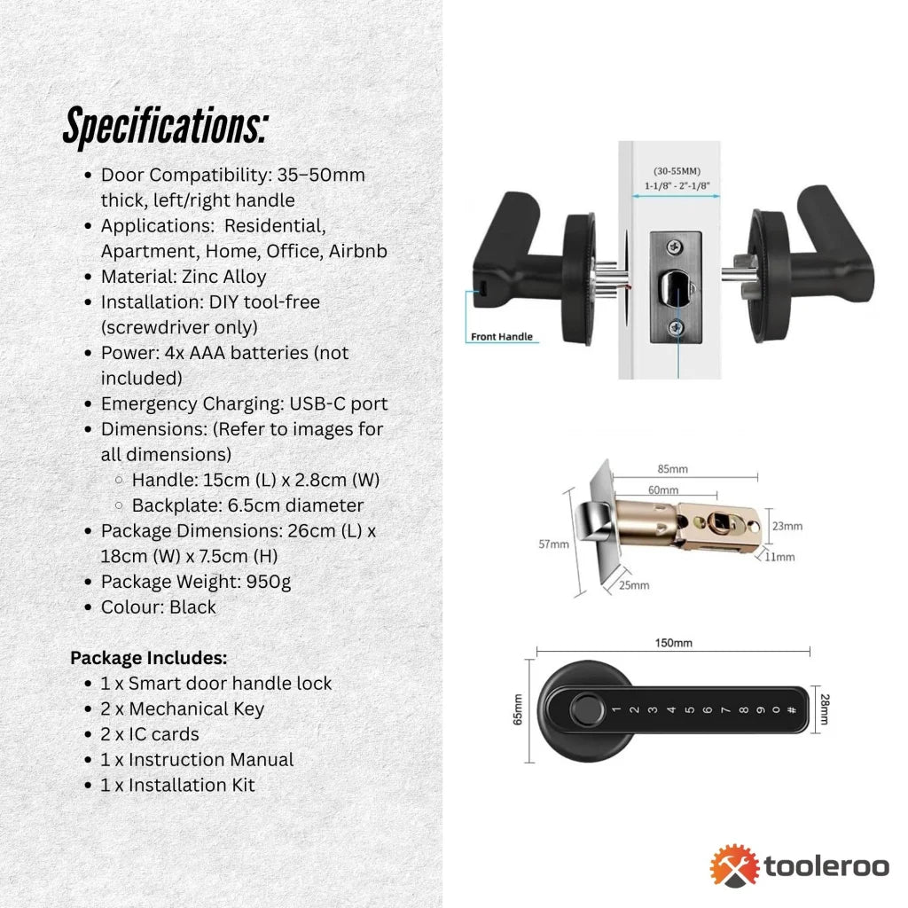 Tooleroo Digital Smart Door Lock Handle - 5in1 Keypad Home