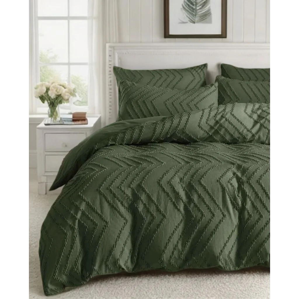Tufted Boho Wave Jacquard Quilt Cover Set Dark Green - King