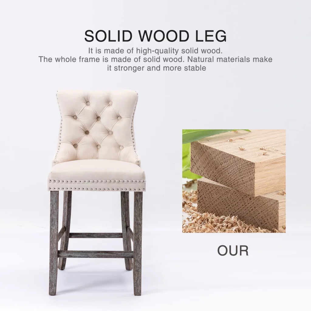 Velvet Bar Stools with Studs Trim - Wooden Legs Tufted