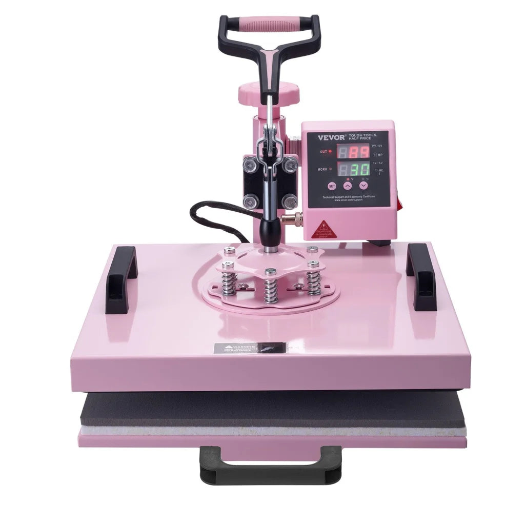 Pink vevor heat press with pack contents and accessory layout