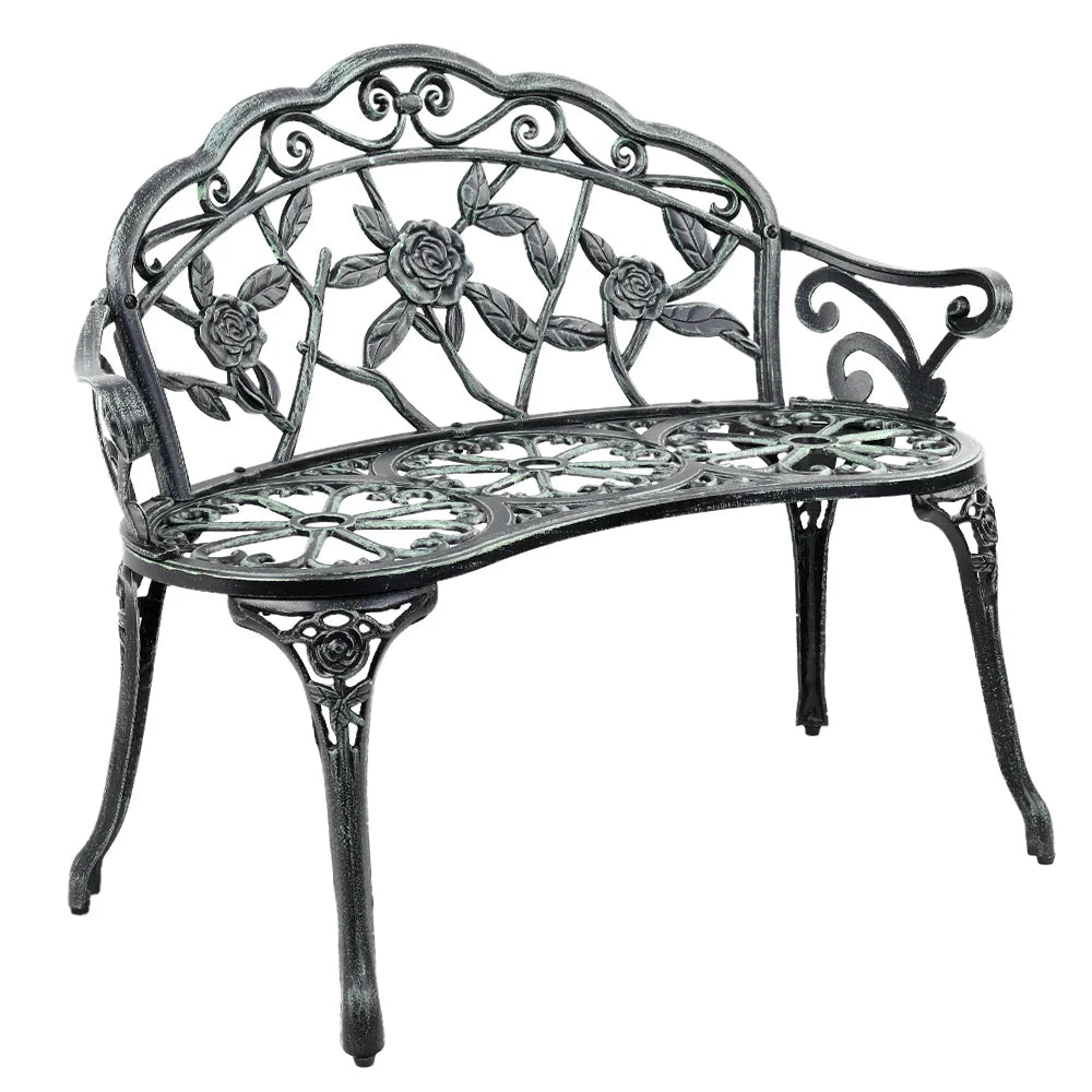 Green victorian bench wheels with caster wheels and side handle rail