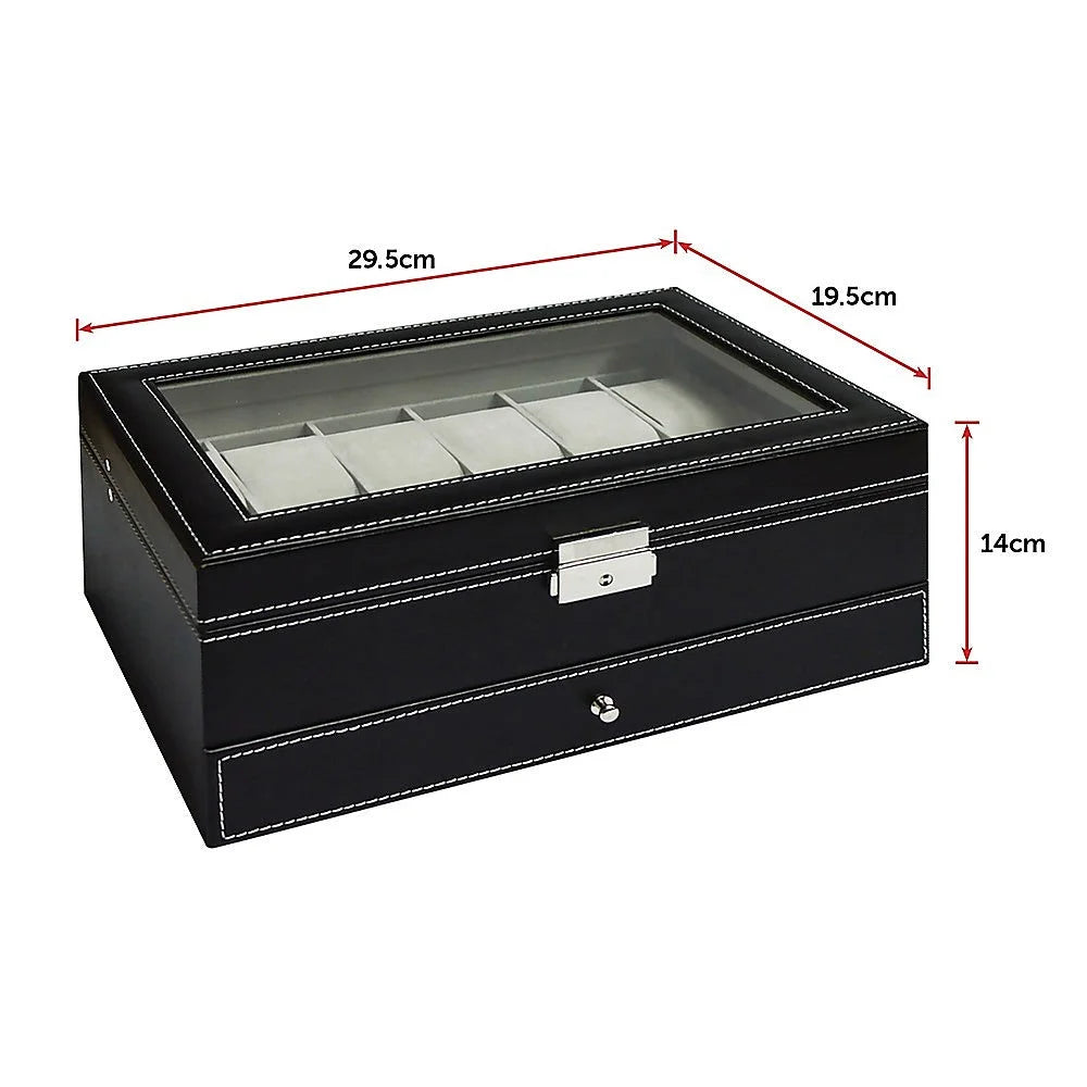 Watch Display Case with Lock Key - 12 Grids Leather Jewelry