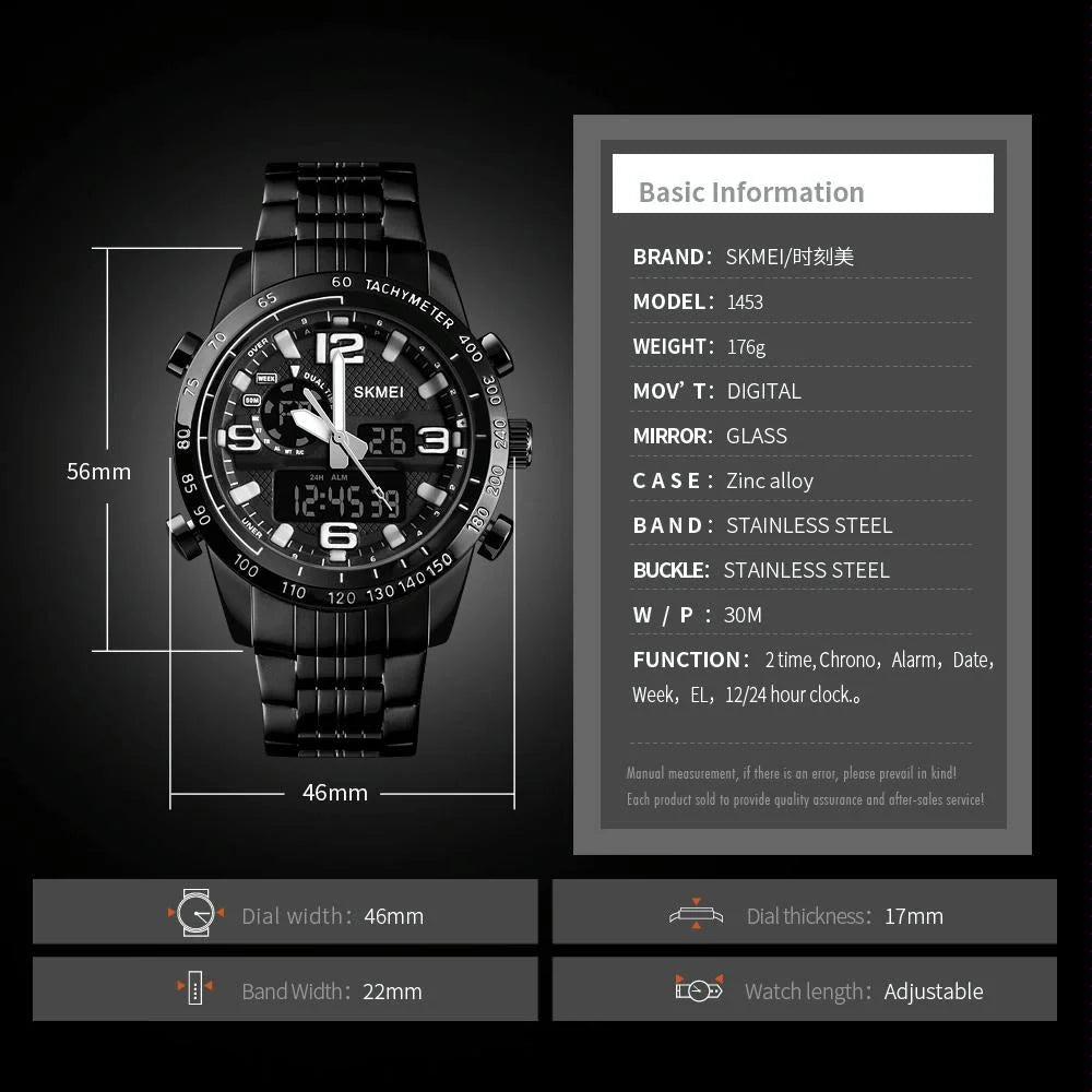 Waterproof Dual Movement Men Watch with Steel Strap - Black