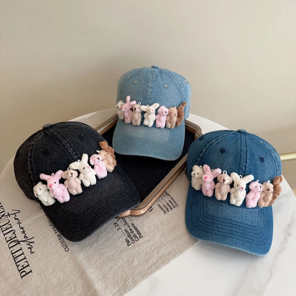 Whimsical Plush Bunny Row Denim Baseball Cap - Adjustable