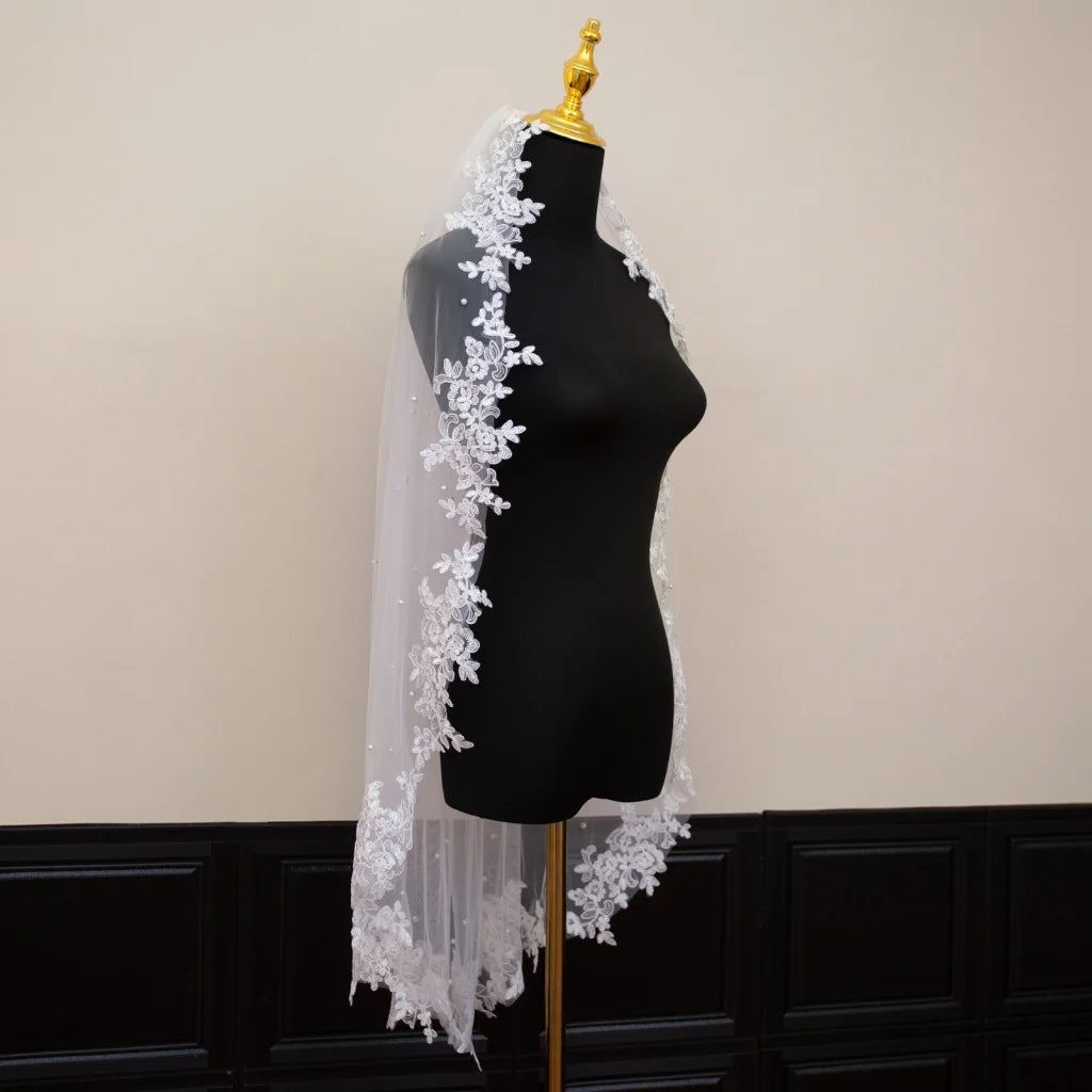 White Elegant Long Bridal Veil with Pearl Accents & Lace