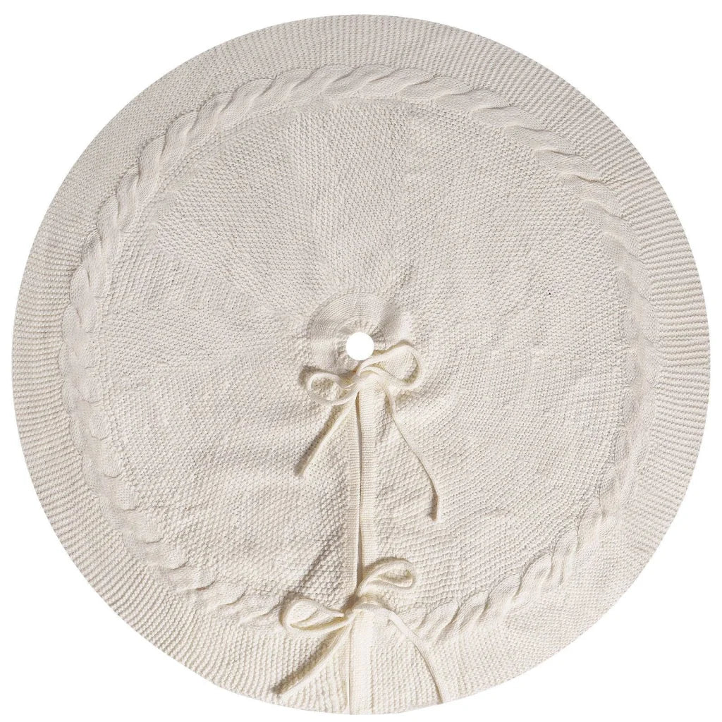 White Luxury Knit Christmas Tree Skirt with Cable-Knit