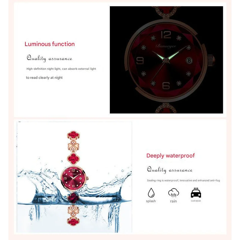 White Women’s Four-Leaf Clover Quartz Watch with Red Dial
