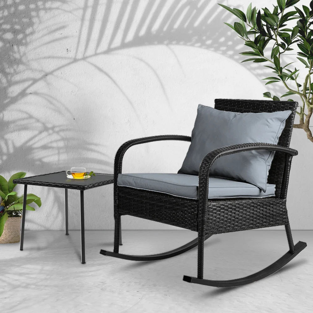Black wicker rocking chairs table with mesh backrest and caster base