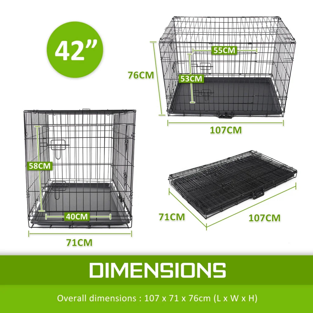 Wire Dog Cage Foldable Crate Kennel 42in with Tray + Blue