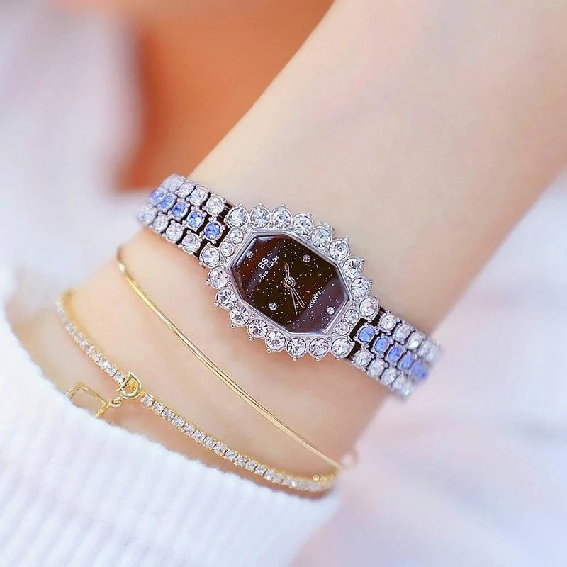 Women Diamond Plated Octagonal Quartz Watch with Rhinestone