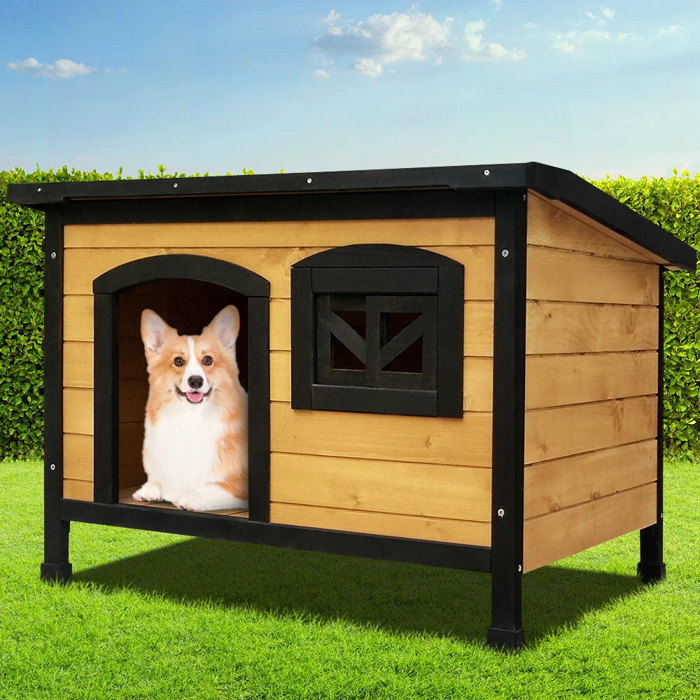 Dog kennel with outdoor pet cabin and raised floor