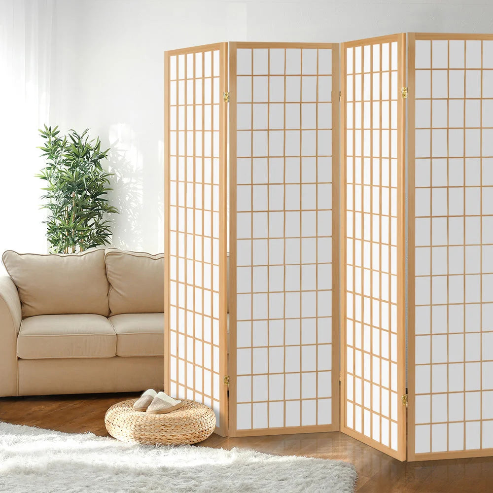 Wooden room divider screen with caster wheels and side handle rail