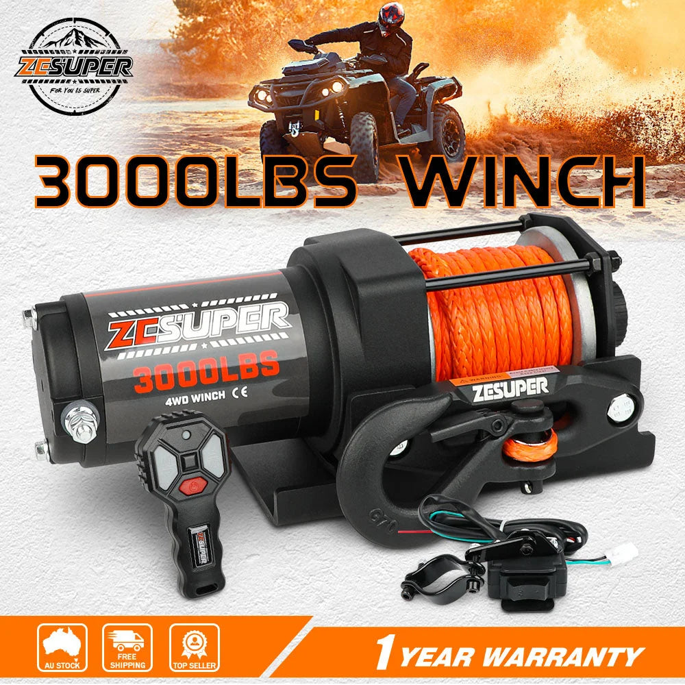 ZESUPER 12V Electric Winch 3000lbs Synthetic Rope Wireless