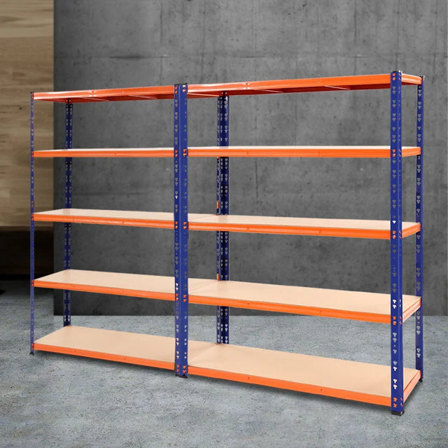 Two metal garage shelving units with multiple shelves