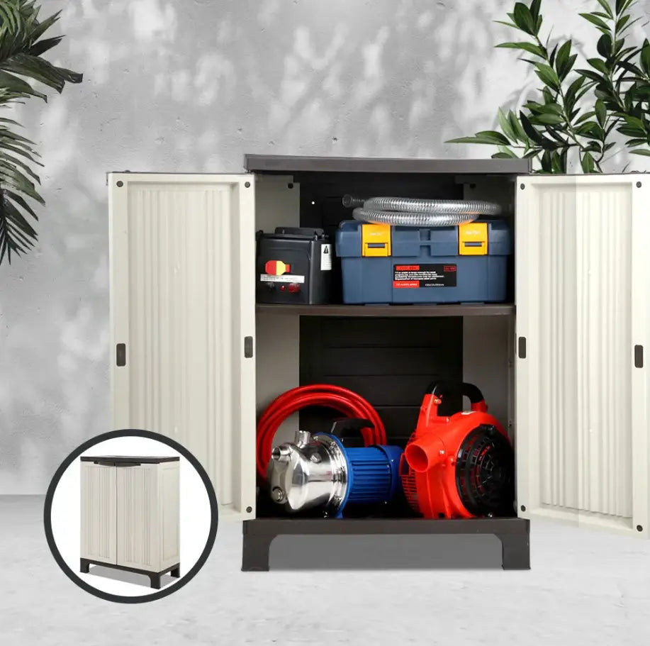 White outdoor storage cabinet with open doors