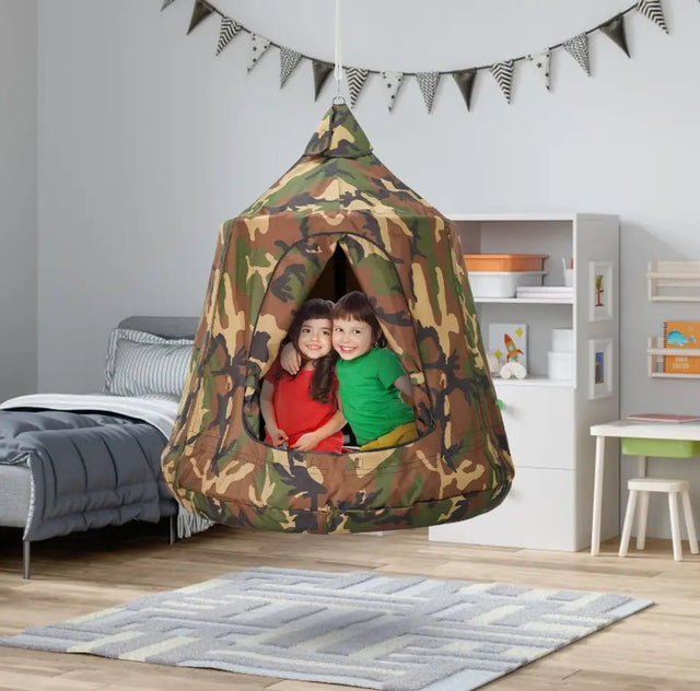 Fabric hanging pod chair in a children’s room