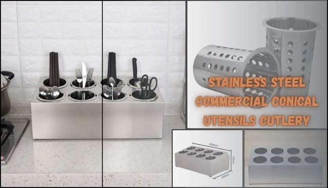 Metal cutlery holders with tapered inserts and a stand