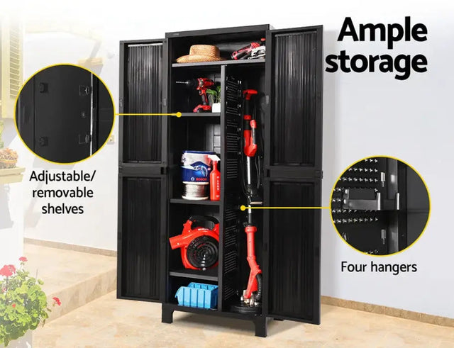 Black outdoor storage cabinet with open doors and shelves