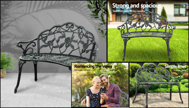 Decorative metal garden bench with curved backrest