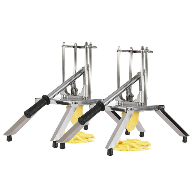 Two lever-operated potato cutters with stands