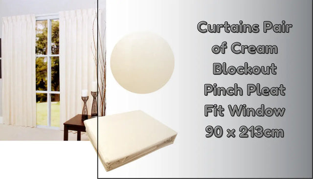 Cream pinch-pleat curtains with fabric and measurement illustration