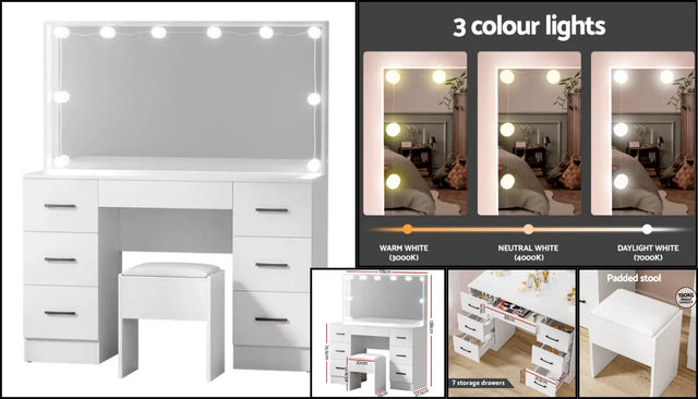 White dressing table and stool with illuminated mirror