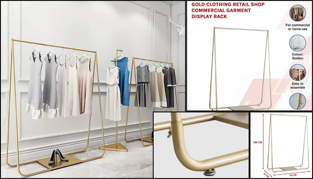 Gold-coloured clothing display rack with hanging rails