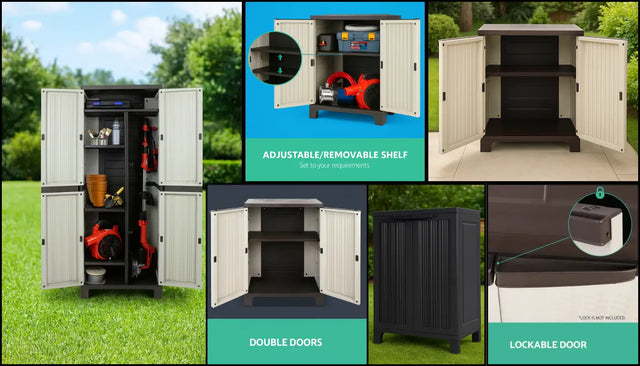 Outdoor storage cupboards shown with open doors